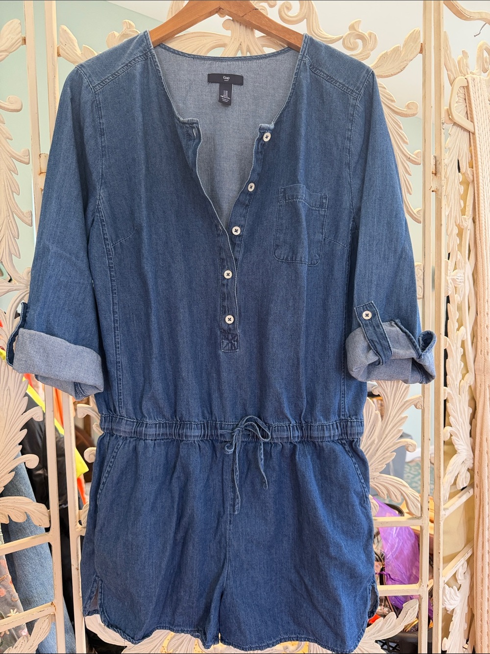 GAP Denim Blue Long-Sleeve Romper
